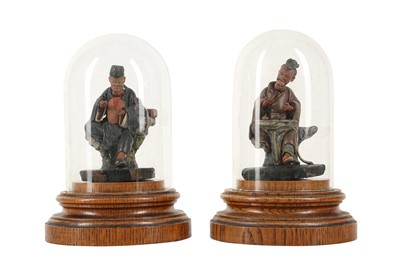 Lot 282 - A PAIR OF CHINESE PAINTED TERRACOTTA NODDING FIGURES.
