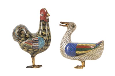Lot 681 - TWO CHINESE CLOISONNÉ ENAMEL BIRDS.