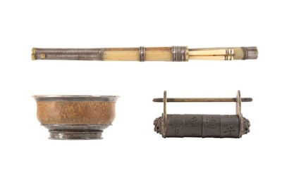 Lot 701 - A CHINESE STEEL AND HORN EATING SET, A LOCK AND A COCONUT BOWL.