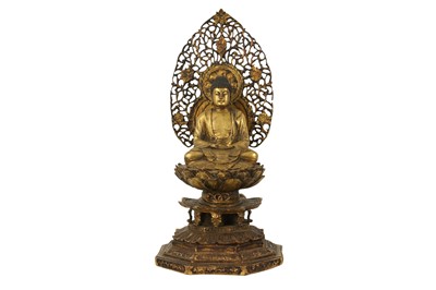 Lot 502 - A JAPANESE GILT BRONZE AMIDA BUDDHA.