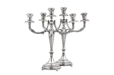 Lot 402 - A pair of mid-20th century Italian 800 standard silver three light candelabra, Firenze 1956-68 by Mario Sorelli (reg. 21st March 1956)