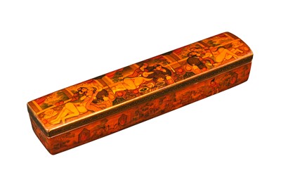 Lot 239 - A LACQUERED PAPIER-MÂCHÉ PEN CASE (QALAMDAN) WITH EROTIC SCENES