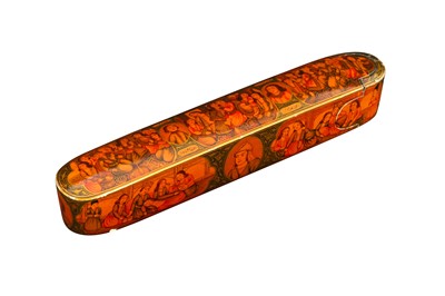 Lot 225 - A LACQUERED PAPIER-MÂCHÉ PEN CASE (QALAMDAN) WITH BAHRAM GUR AND THE SEVEN PRINCESSES