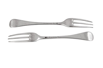 Lot 488 - A pair of George II sterling silver table forks, London 1754 by Ebenezer Coker