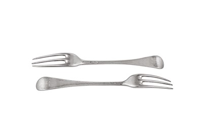 Lot 489 - A pair of George II sterling silver table forks, London 1754 by Ebenezer Coker