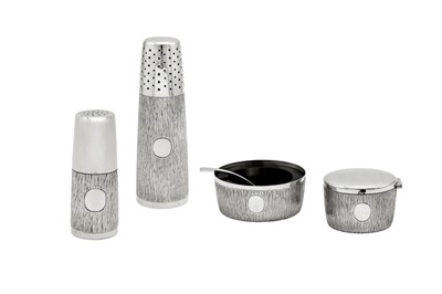 Lot 530 - An Elizabeth II modernist sterling silver four-piece cruet set, London 1966 by Gerald Benney (1930-2008)