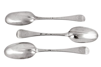Lot 494 - Three George I Britannia standard silver tablespoons, London 1718 by Isaac Davenport (reg. April 1697)