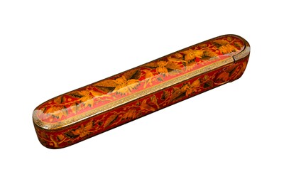 Lot 227 - A LACQUERED PAPIER-MÂCHÉ PEN CASE (QALAMDAN) WITH BIRDS AND HAZELNUTS
