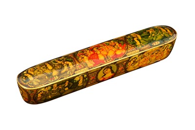 Lot 224 - A LACQUERED PAPIER-MÂCHÉ PEN CASE (QALAMDAN) WITH BAHRAM GUR AND THE SEVEN PRINCESSES