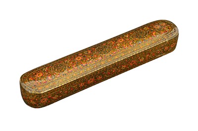 Lot 240 - A KASHMIRI-STYLE LACQUERED PAPIER-MÂCHÉ PEN CASE (QALAMDAN)