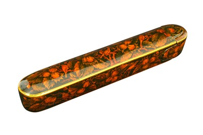 Lot 229 - A LACQUERED PAPIER-MÂCHÉ PEN CASE (QALAMDAN) WITH BIRDS AND HAZELNUTS