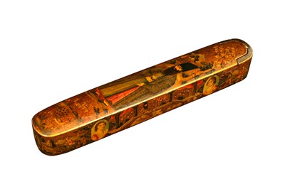 Lot 230 - A QAJAR LACQUERED PAPIER-MÂCHÉ PEN CASE (QALAMDAN) WITH A STANDING PORTRAIT