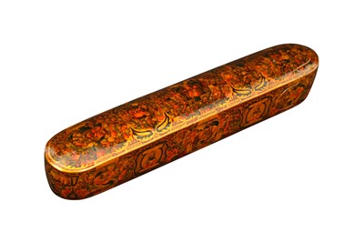 Lot 223 - A LACQUERED PAPIER-MÂCHÉ PEN CASE (QALAMDAN) WITH THE KINGS OF IRAN