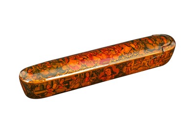 Lot 226 - A LACQUERED PAPIER-MÂCHÉ PEN CASE (QALAMDAN) WITH BAHRAM GUR AND THE SEVEN PRINCESSES