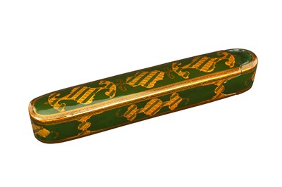 Lot 241 - A QAJAR LACQUERED PAPIER-MÂCHÉ PEN CASE (QALAMDAN) IN THE STYLE OF ABU TALIB