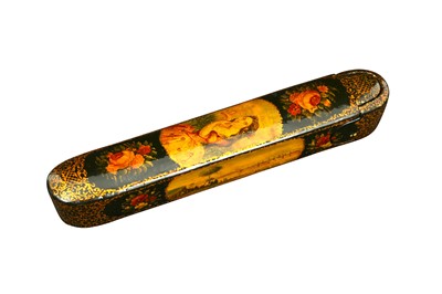 Lot 232 - A LACQUERED PAPIER-MÂCHÉ PEN CASE (QALAMDAN) WITH A EUROPEAN LADY'S PORTRAIT