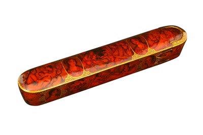 Lot 236 - A QAJAR LACQUERED PAPIER-MÂCHÉ PEN CASE (QALAMDAN)