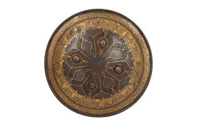 Lot 119 - A QAJAR GOLD-DAMASCENED OPENWORK STEEL SHIELD