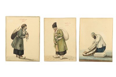 Lot 172 - THREE QAJAR WATERCOLOURS OF TRADESMEN AND TWO PORTRAITS OF YOUTHS