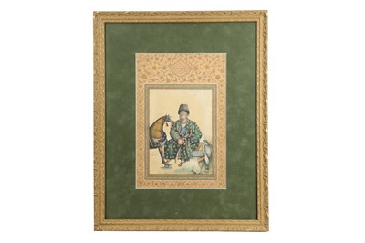 Lot 185 - A QAJAR PORTRAIT OF A FALCONER
