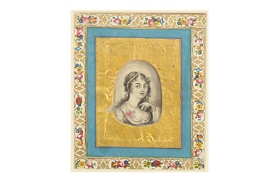 Lot 164 - A MINIATURE GRISAILLE PORTRAIT OF A QAJAR BEAUTY