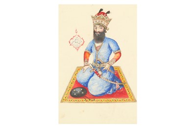 Lot 165 - A QAJAR PORTRAIT OF THE MYTHICAL KING KAY KAVUS