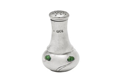 Lot 501 - An Edwardian ‘Arts and Crafts’ sterling silver and enamel pepper pot, London 1902 by William Hutton and Sons