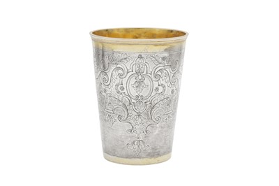 Lot 393 - A large Anna I early 18th century Russian 84 zolotnik parcel gilt beaker, Moscow 1738 by IC with a pitchfork between (unidentified active 1719-50, Postnikova 2587)