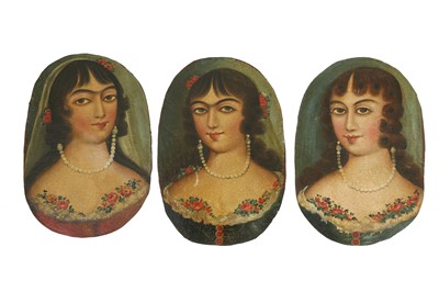Lot 114 - THREE OVAL PORTRAITS OF QAJAR BEAUTIES
