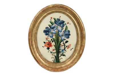 Lot 199 - AN OVAL REVERSE GLASS PAINTING OF IRISES