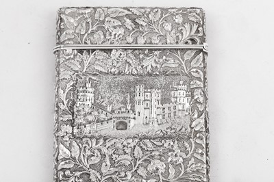 Lot 51 - A cased Victorian sterling silver 'castle top' card case, Birmingham 1842 by Joseph Willmore