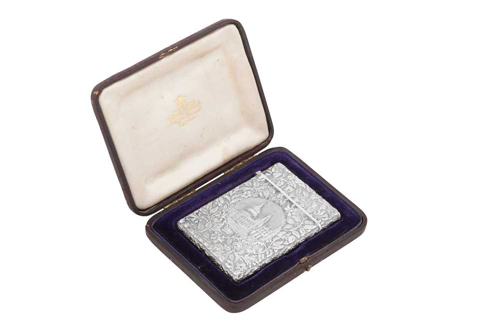 Lot 51 - A cased Victorian sterling silver 'castle top' card case, Birmingham 1842 by Joseph Willmore