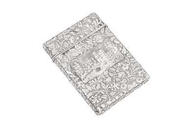 Lot 51 - A cased Victorian sterling silver 'castle top' card case, Birmingham 1842 by Joseph Willmore