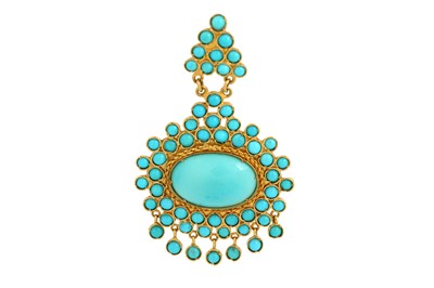 Lot 169 - A TURQUOISE-ENCRUSTED GOLD PENDANT