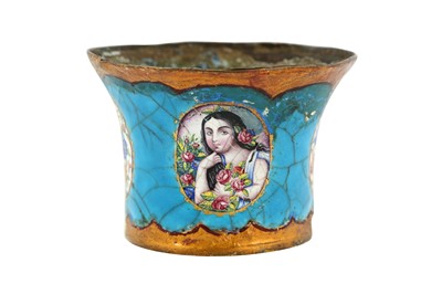 Lot 206 - A QAJAR POLYCHROME-PAINTED ENAMELLED COPPER QALYAN CUP