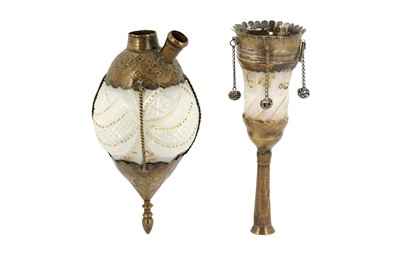 Lot 125 - A GILT DIAMOND-CUT OPALINE GLASS QALYAN BOTTLE AND CUP
