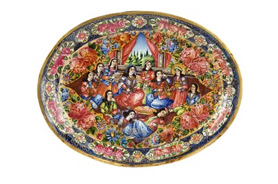 Lot 201 - A POLYCHROME-PAINTED ENAMELLED COPPER OVAL DISH WITH YUSUF AN ZULEYKHA