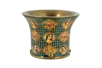 Lot 207 - A QAJAR POLYCHROME-PAINTED ENAMELLED COPPER QALYAN CUP