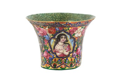 Lot 208 - A QAJAR POLYCHROME-PAINTED ENAMELLED GILT COPPER QALYAN CUP