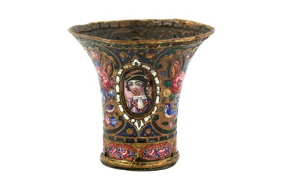Lot 214 - A QAJAR POLYCHROME-PAINTED ENAMELLED GILT COPPER QALYAN CUP
