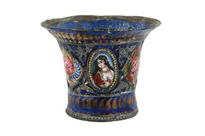 Lot 221 - A QAJAR POLYCHROME-PAINTED ENAMELLED SILVER QALYAN CUP