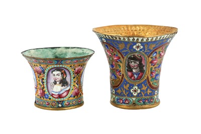 Lot 215 - TWO QAJAR POLYCHROME-PAINTED ENAMELLED COPPER QALYAN CUPS