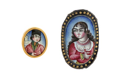 Lot 212 - TWO QAJAR POLYCHROME-PAINTED ENAMELLED PORTRAIT MINIATURE PLAQUES