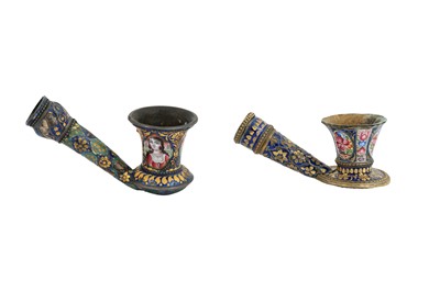 Lot 204 - TWO QAJAR POLYCHROME-PAINTED ENAMELLED AND GILT PIPES
