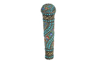 Lot 140 - A QAJAR ENAMELLED SILVER CANE HANDLE