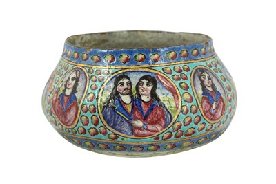 Lot 205 - A SMALL QAJAR POLYCHROME-PAINTED ENAMELLED COPPER BOWL