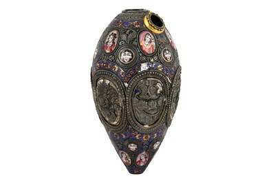 Lot 220 - A QAJAR SILVER ENAMELLED WATER PIPE (QALYAN) BOTTLE