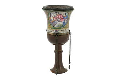 Lot 211 - A QAJAR POLYCHROME-PAINTED ENAMELLED COPPER QALYAN CUP