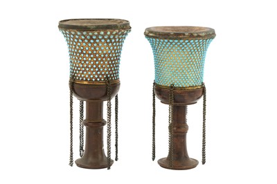 Lot 148 - TWO TURQUOISE-INSET GILT COPPER QALYAN CUPS WITH WOODEN STEMS