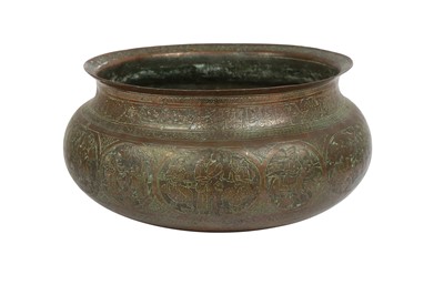 Lot 489 - AN ENGRAVED TINNED COPPER BOWL WITH FIGURAL DECORATION